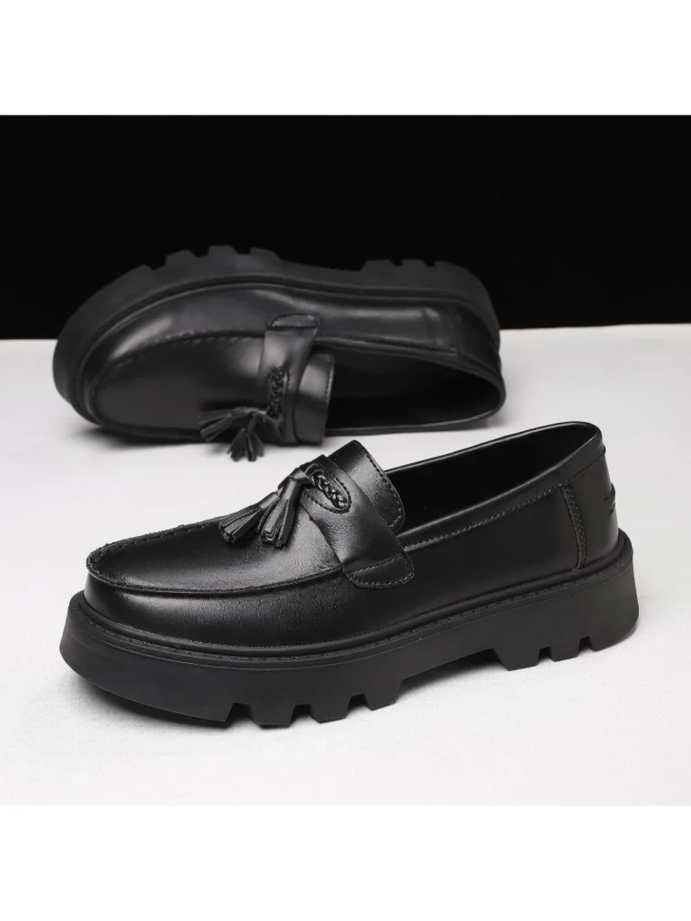 Men's Matte Black Patent Leather Loafers Chunky Heel Tassel Slip On Dress Shoes